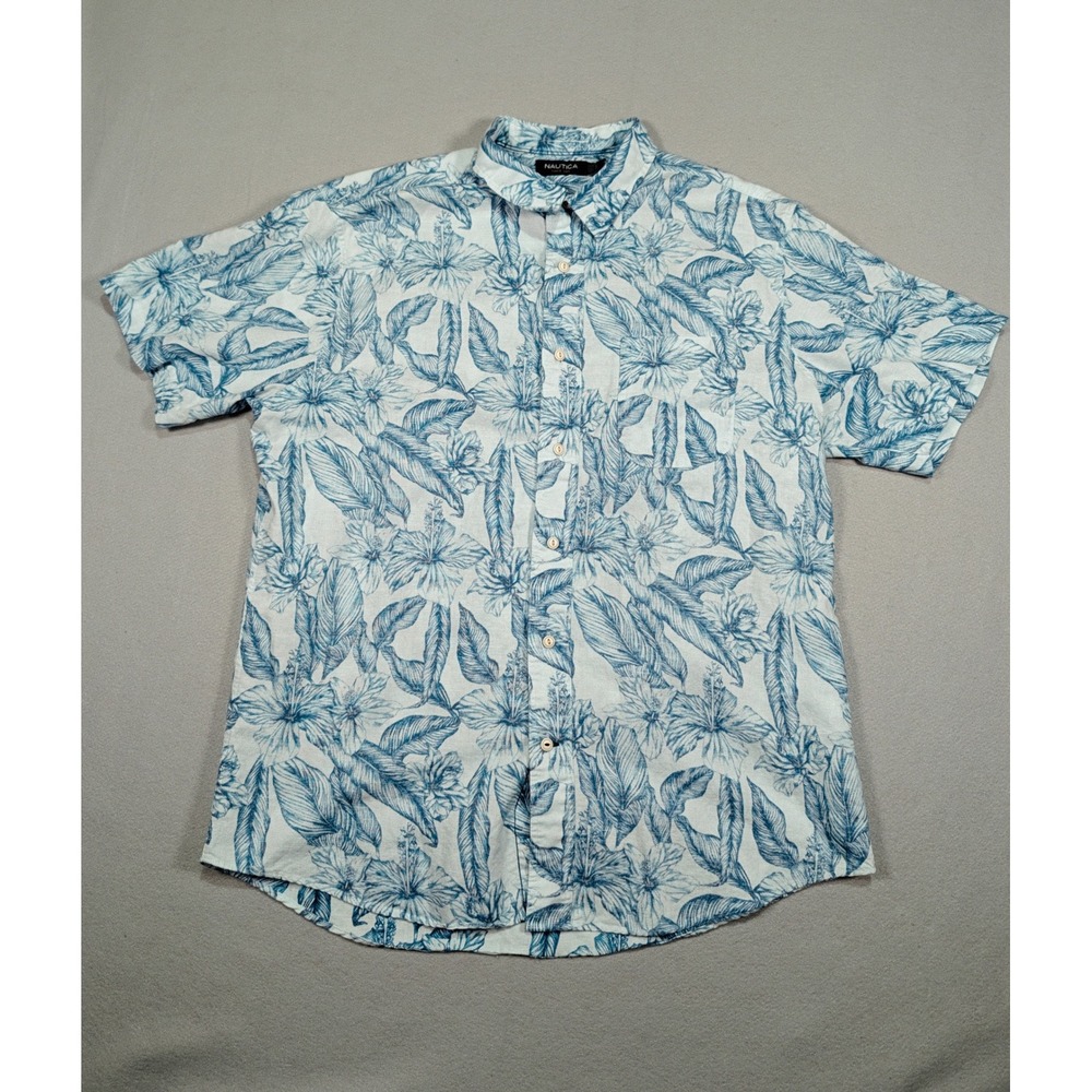Nautica Mens Large Blue White Tropical Floral Linen Cotton Short Sleeve Shirt
